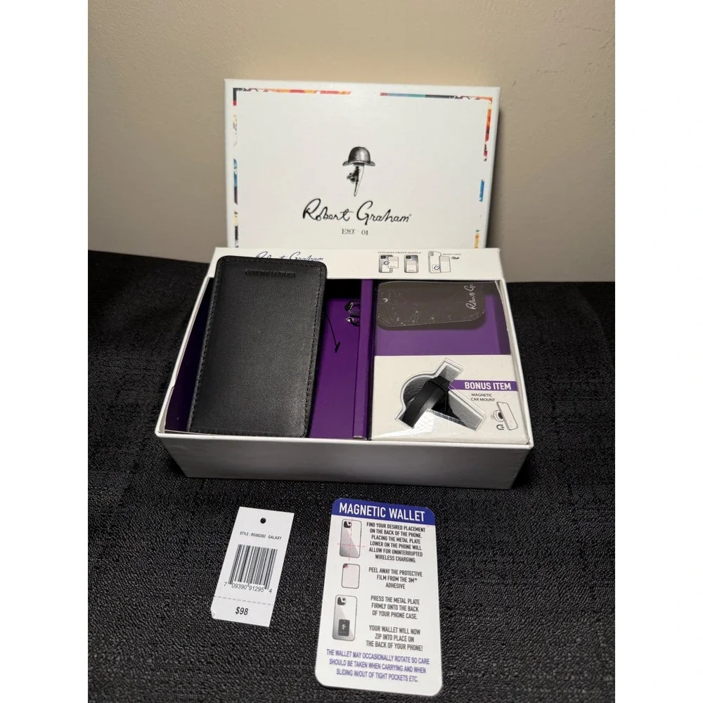 Robert Graham Galaxy Black Leather Magnetic Phone Wallet Card Holder Gift Set